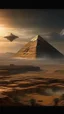 Placeholder: A UFO triangle spacecraft hovering over the Permit of Egypt in high definition cinematic theme with stormy fiery sky by volcanic eruptions