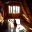 Placeholder: Beautiful female artist painting a self portrait in her attic studio, dramatic light, shadows