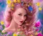 Placeholder: beautiful bright happy fairy portrait with long hair, thin face, two hands in a pink,blue, yellow flowers background,