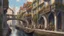 Placeholder: medieval buildings with balconies overhanging a canal, blue sky and people, photorealism, trees, foliage, piers, fantastical, intricate detail, concept art, people, ultra-sharp image