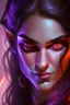 Placeholder: purple skin, glowing fiery eyes, smirk, soft female face, beautiful, graceful
