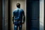 Placeholder: man in jeans and a shirt, back to the camera, standing in a row of doors, looking out through a doorway