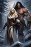 Placeholder: Giant muscular male mountain man with long dark hair with a petit female long blonde hair, dark fantasy, snowy forest