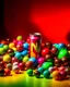 Placeholder: An image of several colored soda cans side by side at the bottom of the image, with M&M chocolates pouring out of them, and the space is filled with color, chocolate chips, and fruit pieces in a soda-like atmosphere with happy, beautiful colors.
