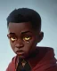 Placeholder: Portrait of a gorgeous black skinned toddler warlock boy with dark hair by Jim Kay