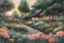 Placeholder: flower garden background, a warm glow sunset, created in inkwash and watercolor, art style of Olivier Coipel, HACCAN, illustrator 由良 Yura, 山田章博 Yamada Akihiro, 四々九 Yoshiku, GANMO＃