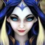 Placeholder: female half-elven sorcerer wearing a blue dress, long black hair, dark blue eyes, smiling, pretty face, close-up, realistic