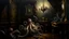 Placeholder: An oil painting in the baroque tradition of tentacles appearing in a darkened room, with dramatic lighting casting shadows that enhance their form, against a backdrop of antique furniture.