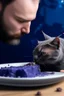 Placeholder: blueberry galaxy cat food and a man eating it and crying