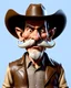 Placeholder: hyper-realistic 3D caricature of an old weathered cowboy with highly exaggerated features. Deeply wrinkled skin, oversized ears, and a long, bulbous nose. Large, expressive wide eyes with intense detail. A thick, wispy white handlebar mustache and long goatee. Wearing a dusty tan wide-brimmed cowboy hat, a brown checkered shirt, and a worn leather vest. Soft studio lighting, neutral beige background, cinematic render, 8k resolution, intricate textures, Pixar-meets-Norman-Rockwell style. Modifier