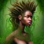 Placeholder: Watercolour Painting. the face of A young black woman. A wood nymph emerging from the forest. Her hair looks like vines. Dreadlocs. Her skin is the colour of dark soil. Her skin looks like tree bark. Her clothing is made of vines, grass and leaves.