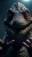 Placeholder: Crafting a terrifying 8K depiction of an evil old lizard face rising hand up ,His presence exudes an unsettling aura of malevolence, instilling fear in all who behold him.