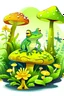 Placeholder: clip art frog in a forest with plants and mushrooms