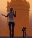 Placeholder: Statue of Queen of photography holding camera in hands. Cute blonde woman. Photographer in golden crown. Standing on the street. Big camera in her hand. hyperdetailed, photorealistic, trending on artstation, greg rutkowski, beksinski, kodachrome, volumetric lighting, gold and orange