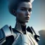 Placeholder: A handsome woman standing in front of a church, futuristic design, a paradise in background, close-up face, geometric armor, female face, 3d unreal engine, black face, close up armor, church detail