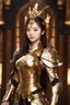 Placeholder: Half body Photography,very beautiful Chinese Girl,full body,looking front view,brown long hair, mechanical,delicate gold,silver metalic parts, golden parts, intricate armor, detailed part,Movie Still
