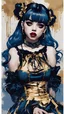 Placeholder: Poster in two gradually, a one side malevolent goth vampire girl face and other side the Singer Melanie Martinez face, full body, sit pose, painting by Yoji Shinkawa, darkblue and gold tones,