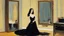 Placeholder: [art by Toulouse-Lautrec] Morticia Addams in agent provocateur sits in front of a mirror at a vanity, in her room