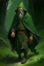 Placeholder: 1970's dark fantasy cover dnd style oil painting of an old herbalist hobo like hero using a dark green cloack with sport outfits with minimalist far perspective. Magazine.