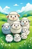 Placeholder: create an image with 6 cute sheep with the typography, happy face "ovelhinhas da fé", 2d, cartoon style, chibbi, kawai, a green field and blue sky in the background, perfect face, water color