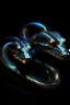 Placeholder: A two headed snake digital portrait, dark fantasy, black iridescent scales, holographic, shiny, PVC texture, wet look,