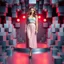 Placeholder: make a picture pretty stage made of metallic blue-gray teme 3d recursive cubic and sphere and cylinder base structures and a beautiful fashion model lady standing with cute in scene with sexy top and pretty pleated midi skirt ,makeup curvy long hair,dynamic camera zoom to full body and pan, dynamic lights.