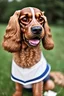 Placeholder: Smiling 10 year old boy in a striped shirt and glasses, very normal and plain looking, with him he has a superhero cocker spaniel dog wearing a cape