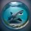 Placeholder: A cute little Basking Shark in a small circular fish tank.