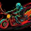 Placeholder: occultic Grim Reaper with scythe on a harley chopper with high handlebars speeding down a surreal burning highway, dark velvet poster, dramatic, horror poster, sinister, dark neon colors, fantastical, by Ed Big Daddy Roth