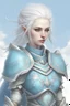 Placeholder: air genasi pastel blue skin white hair female cleric in armor