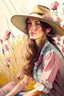 Placeholder: P: a young old-time cowgirl sitting in wildflowers and tall grasses, peaceful vision, wisps of hair around her face, straw hat, pink floral dress, muted colors, soft watercolor