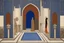 Placeholder: an open gothic_Arab gate in a blue-tiled wall with a view of an old city by artist "Beardsley",by artist "Rackham",by artist "Bertha Lum",by artist "Dulac",by artist "Erte"