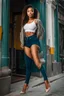 Placeholder: full body shot Young woman, 20 years old, wearing nice tight pant and top sporting and jumping in street,looking to camera