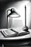 Placeholder: a modern desk lamp lighting up a book from a table pencil drawing