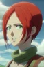 Placeholder: Attack on Titan screencap of female with red hair and green eyes. Wit studio screencap. Beautiful background scenery behind