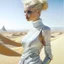 Placeholder: An oil painting of a futuristic girl from Dune's film in the style of Hajime Sorayama, inside a light white digital desert landscape.