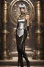 Placeholder: full body and headshot of a skinny Cleopatra, with a silver bob hairstyle, standing in a steampunk setting.