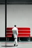 Placeholder: A lonely man waiting for bus in white suit red tie and black shoes