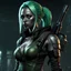 Placeholder: Attractive young female drow wearing a bodysuit, post-apocalyptic background, dark eyeshadow, green hair, anime style, video game character, unreal engine, trending artstation, trending deviantart