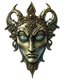 Placeholder: create a full color ink wash and watercolor illustration of a rich patina, ancient bronze female druid ceremonial mask representing Morrigan, utilizing historic Celtic decorative motifs, intricately detailed and sharply defined in the style of Arthur Rackham and Kay Nielsen