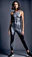 Placeholder: photography of a beautiful anorexic woman, grey satin triathlon top, sports illustrated, brunette short wavy bob haircut, pronounced sternum, flat chest, anthracite short leggins