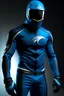 Placeholder: Surfshark's superhero costume combines a black, form-fitting bodysuit with a deep ocean-blue wetsuit-style jacket, featuring shark fin-like shoulder embellishments. White shark tooth designs adorn the arms and legs. His cowl resembles a shark's head, with a dark visor revealing his piercing blue eyes. The shark-themed utility belt, gloves, and boots complete the ensemble, along with a high-tech surfboard. The chest emblem is a stylized shark with dorsal fins reminiscent of Batman's bat symbol.