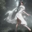 Placeholder: hitomi tanaka, dress white, long black hair, realistic, intriacte detail, sci-fi fantasy style, volumetric lighting, particales,highly detailed,cinamatic, deep colours,8k