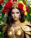 Placeholder: 📷💃 length image full body gorgeous pretty super model girl as beautiful queen,floras crown,high details photo of luxury golden armor color designed made of flora flowers🌹 colors orchids and red,yellow,details color roses 🌹she using accessories luxurious diamonds jewelrys, flowers,surrounded 🌿🌿🌿leaves,so many surrounding butterflies, pretty face beauty colors make up cosmetic,bigbusty,perfect body,green leaves flowers gardens background