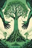 Placeholder: Huge hands holding saplings, The giant is planting a big green tree, first contact concept art, silkscreened mind-bending illustration; sci-fi poster art, asymmetric, futurism