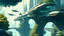 Placeholder: people watching a futuristic ship flying above a utopian metropolis. bridges, roads, balconies, trees, dense foliage, river, pathways, detai...