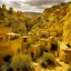 Placeholder: A golden yellow Mayan village near a canyon designed in Mayan architecture painted by Auguste Rodin