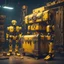 Placeholder: robots standing next to a big treasure chest, cyberpunk style, yellow colors