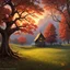 Placeholder: fairytale mood, autumn, dusk, a forest clearing with a lovely cottage, heart shaped tree