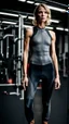 Placeholder: photography of a beautiful anorexic woman, grey satin triathlon top, sports illustrated, blond short wavy bob haircut, pronounced sternum, flat chest, anthracite cycling leggins